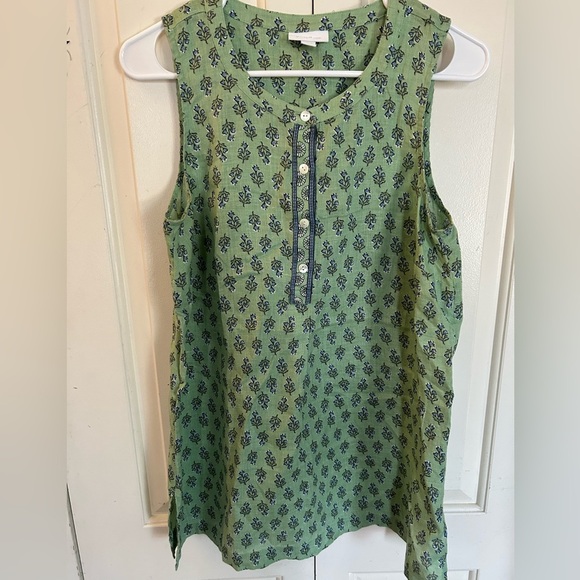 Pure Jill Linen Tunic Size Small Green Tomato Artisan Floral Sleeveless Top - Picture 2 of 8
